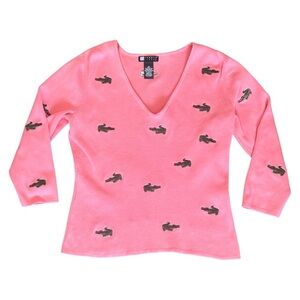 Carole Little Alligator Embroidered V-Neck 3/4 Sleeve Sweater Pink Womens Medium